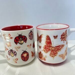 Set of 2 Butterfly & Ladybug Ceramic mugs with gold details